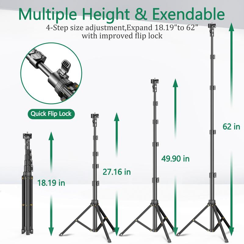 All-In-One 62" Portable Selfie Stick Tripod with Bluetooth Remote, Universal 360° Phone Holder for Iphone, Samsung, Gopro & Cameras - Perfect for Vloggers, Travel & Group Shots