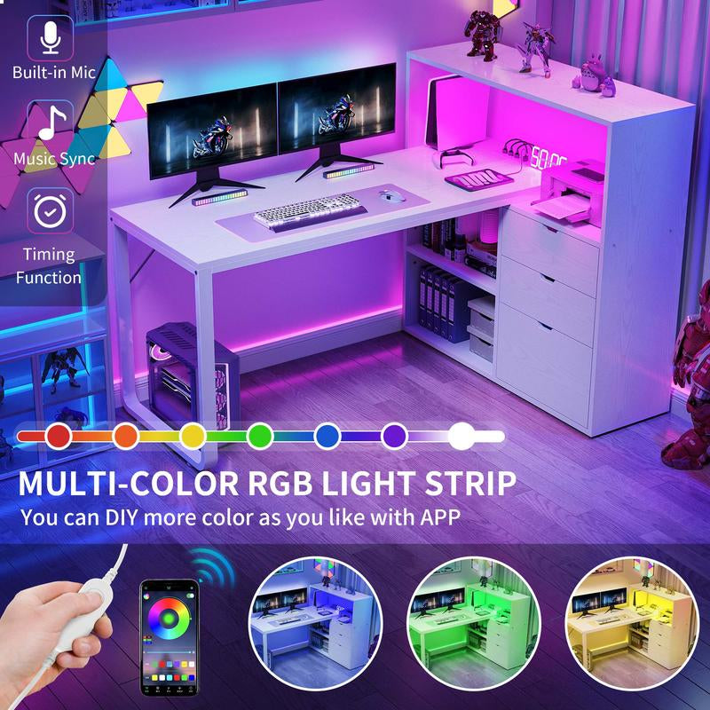 YITAHOME L Shaped Desk with Power Outlets & LED Lights & File Cabinet, 55" Corner Computer Desk with 3 Drawers & 3 Storage Shelves, Home Office Desk with Bookshelf