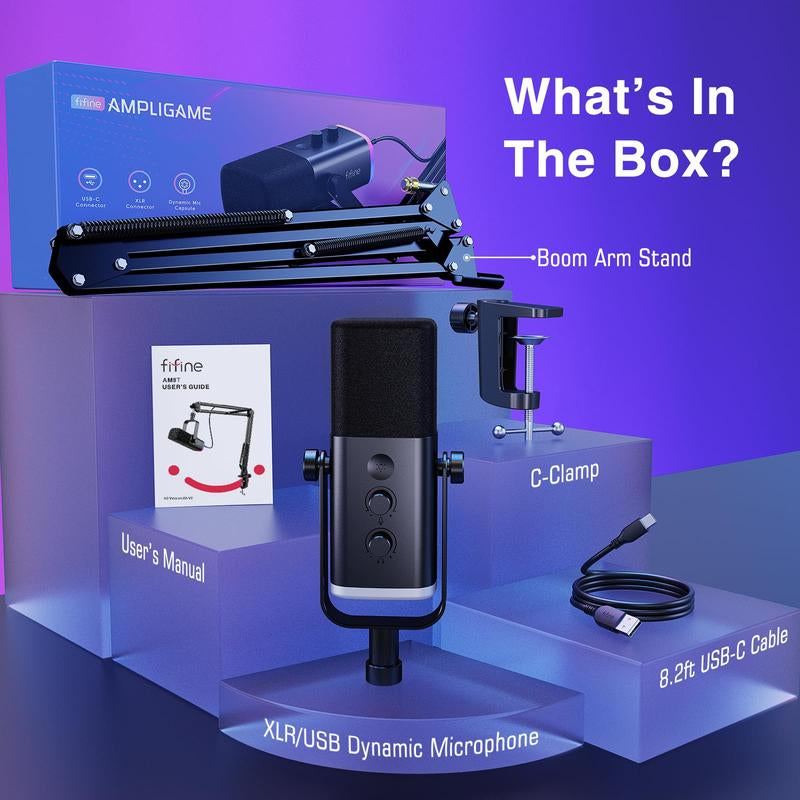 FIFINE AM8T XLR USB Gaming Microphone Set, Dynamic PC Mic for Streaming Podcasting, Computer RGB Mic Kit with Boom Arm Stand, Mute Button, Headphones Jack, for Recording Vocal Voice-Over