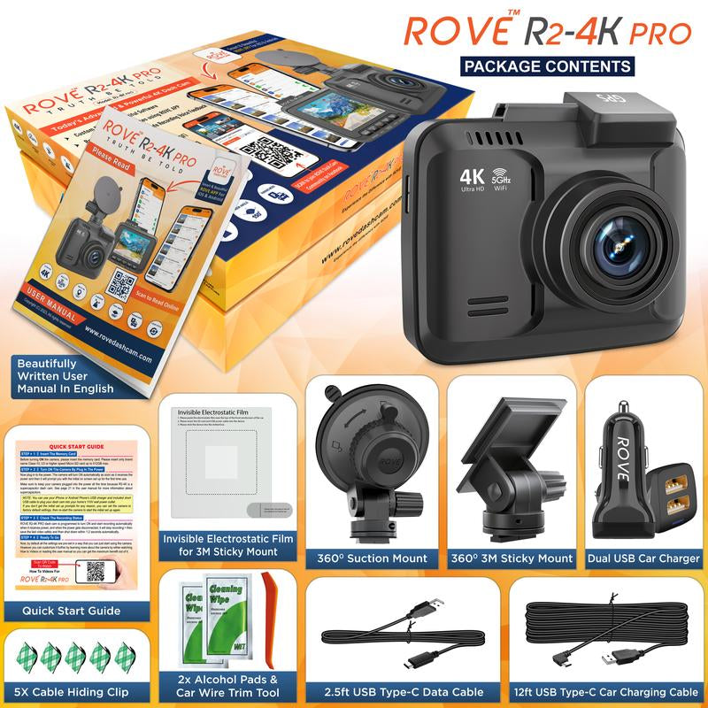 ROVE R2-4K PRO Dash Camera for Cars Ultra-Hd 2160P Dash Cam with Built-In 5G Wi-Fi, GPS, Supercapacitor, Super Night Vision, 24H Auto Trigger Parking Monitor, G-Sensor, Loop Recording, Supports 512GB Max