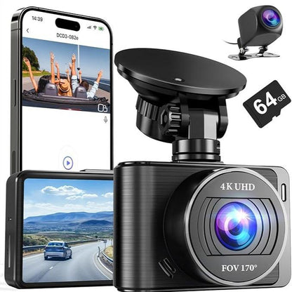4K 3 Channel Wifi Dash Cam, 4K/2.5K+1080P+1080P Front inside and Rear, Triple Dash Camera with 64GB Card, APP Control, G-Sensor, Loop Recording, 24 Hours Parking Mode,Night Vision