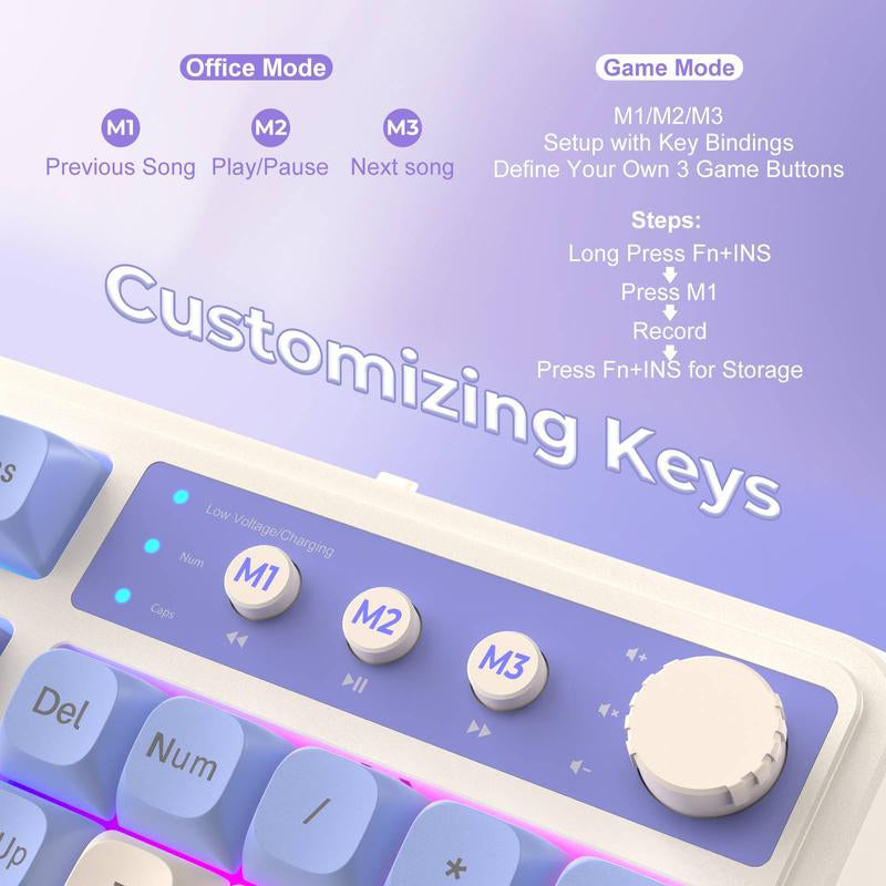 AULA S99 Key Keyboard, Tri-Mode Bluetooth/2.4Ghz/Usb-C Cute Creamy Gaming Keyboard with Number Pad RGB Backlit, Media Knob Custom Mechanical Feel Computer Keyboard for MAC Xbox PC Gamer - Purple