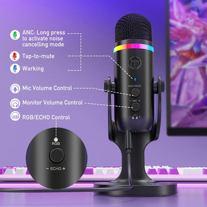 Zealsound USB Microphone,Noise Cancellation Condenser Mic with Touch Mute,Gain,Echo,Monitoring,Rgb Light for Iphone,Ipad,Streaming,Podcast,Twitch,Youtube,Discord,Pc,Computer,Ps4,Ps5,Mac,Gamerwave K66
