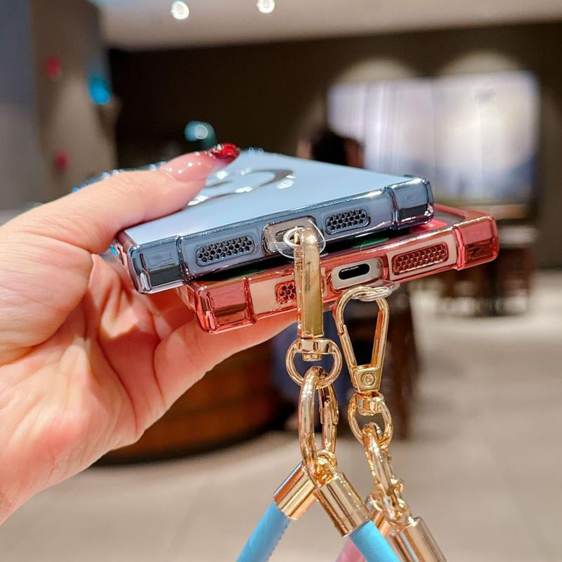 Right Angle Anti-Drop Magnetic Suction Solid Color Electroplated Side Heart + Hand Strap Compatible with Ip16 Pro Max 15 14 13 12 Phones Cases Protector Cover Protective