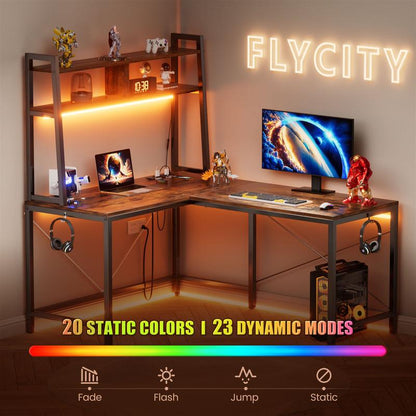 Flycity L-Shaped Gaming Desk or One-Line Table with LED Lights & Power Outlets,And Storage Shelves - 93.3 Inch Computer Desk, for Gaming Room, Study, Living Room Modern Furniture Home Office