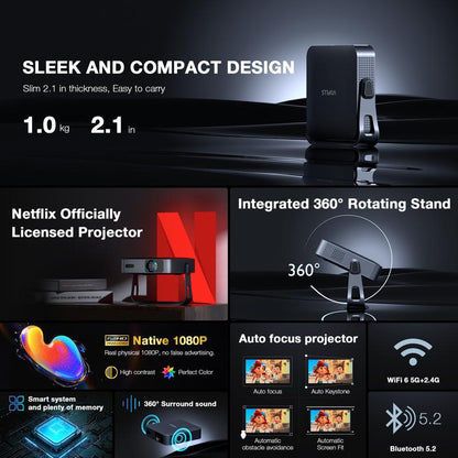 VOPLLS Portable Mini LCD Projector Native 1080P Gaming | Netflix Certified Outdoor Movie Projector with Dual Auto Focus & Keystone Correction | 3D Dolby Audio, Wifi 6 & Bluetooth 5.0 | 50% Zoom for Home Theater, Camping, (500 ANSI Lumen, HDMI/USB-C)