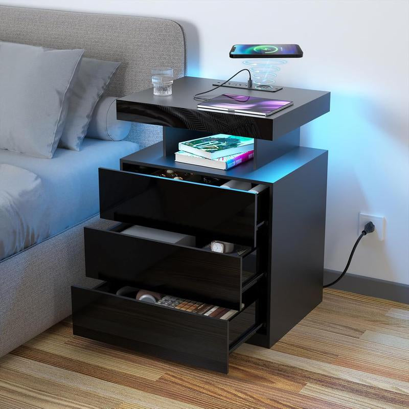 Black LED Nightstand with Charging Station 2 Outlets USB Port Type C, Bed Side Table with 2 Drawers & Wireless Charging Station, Smart LED Nightstand Modern High Gloss Night Table with Light