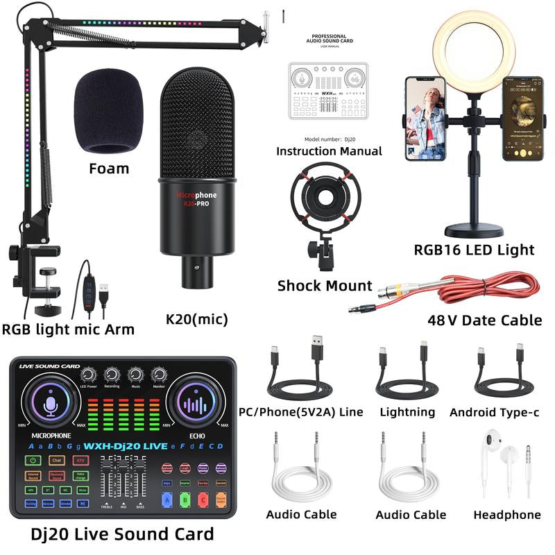 Portable Dj20 Live Sound Card + K20 48V Condenser Microphone Kit Kit Studio Mixer Live Broadcast 16 Sound Effects Recording Mixer