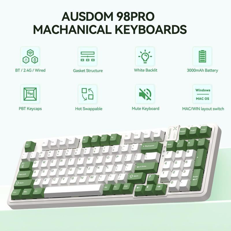 AUSDOM 98Pro Silent Mechanical Keyboard,Wireless Hot Swappable Gaming Keyboard with Backlit,Gasket Structure,Pre-Lubed Tactile Switches,2.4Ghz/Type-C/Bluetooth Custom Keyboard