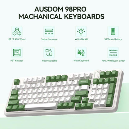 AUSDOM 98Pro Silent Mechanical Keyboard,Wireless Hot Swappable Gaming Keyboard with Backlit,Gasket Structure,Pre-Lubed Tactile Switches,2.4Ghz/Type-C/Bluetooth Custom Keyboard