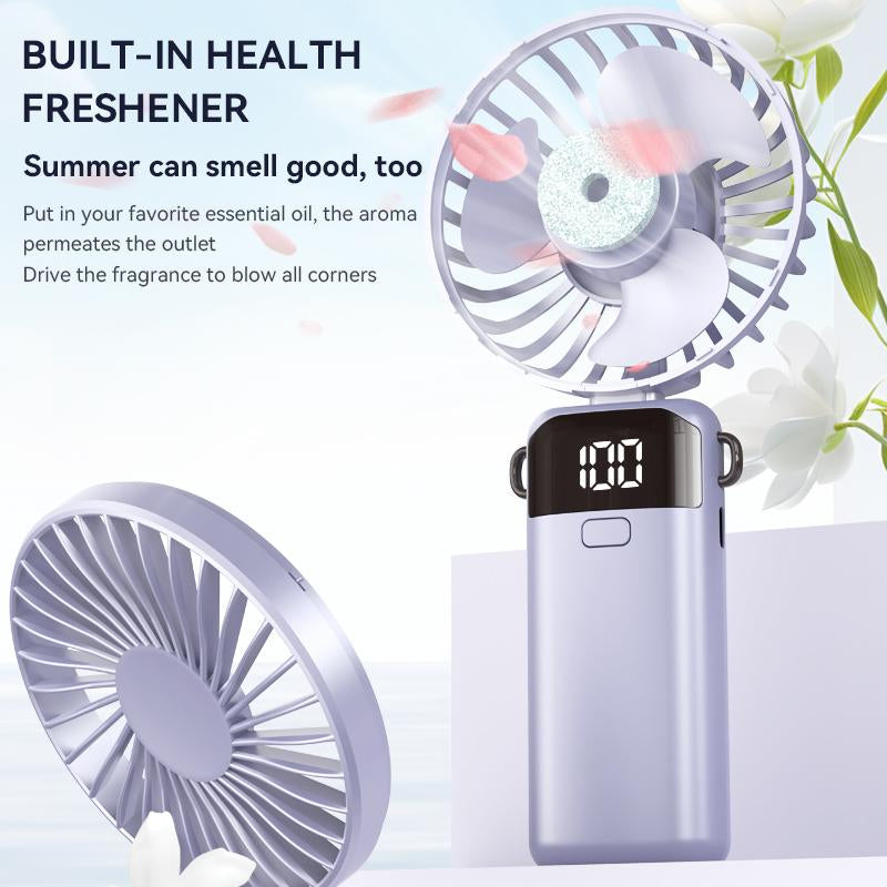 Handheld Fan,Portable Fan,1500Mah Rechargeable Personal Fan, 180° Foldable Mini Desk Fan with 5 Wind Speed, LCD Digital Remaining Battery Display, Lanyard as Neck Fan, Quiet, Pocket Size for Indoor Outdoor,Can Add Aromatherapy Perfume , with Phone Holder