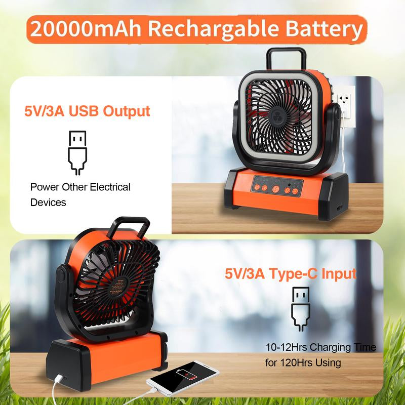 30,000Mah Rechargeable Camping Fan with LED Light, Portable Multi-Functional Fan, 4-Speed Wind Speed Adjustment, Remote Control, 270° Wind Direction Adjustment, Suitable for Indoor, Outdoor, Tent, Travel, Etc.