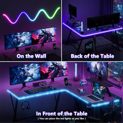 Mr IRONSTONE L Shaped Gaming Desk with Led Lights Corner Computer Desk,L Shaped Desk with Carbon Fiber Surface, Home Office Desks Writing Workstation with Large Monitor Stand, Easy to Assemble