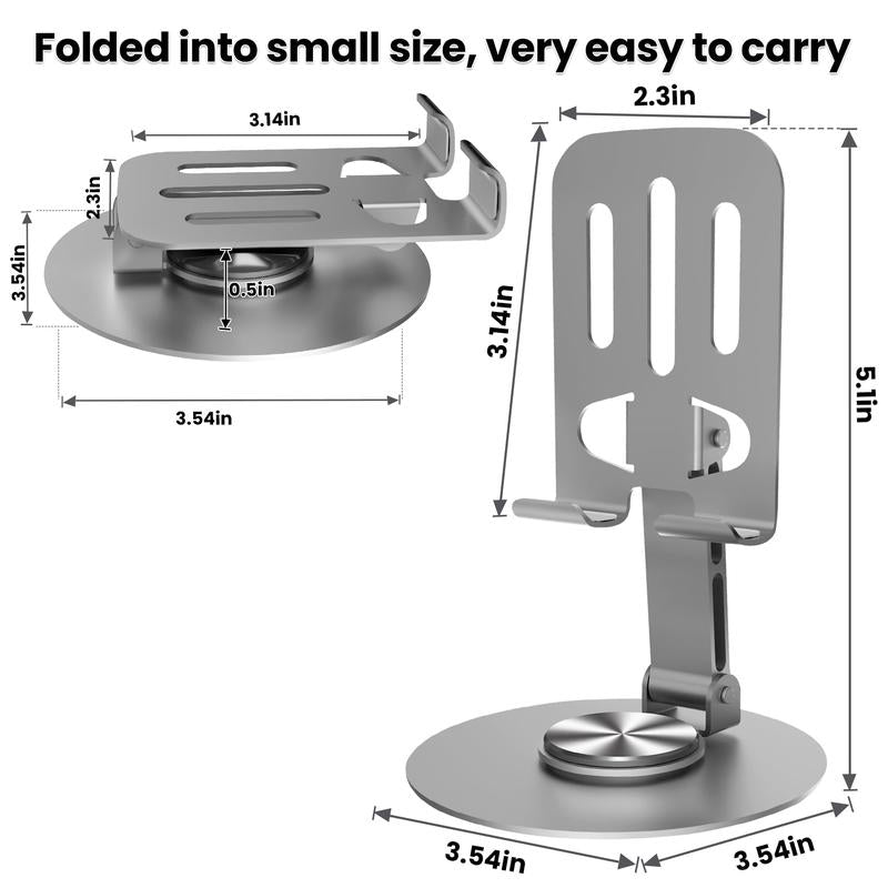 Adjustable Cell Phone Stand for Desk with Non-Slip Rubber, 360°Metal Phone Holder Smartphone Accessories Foldable/Folding Mount Alloy Aluminum Compact Portable Cellphone Mount, Saving Space