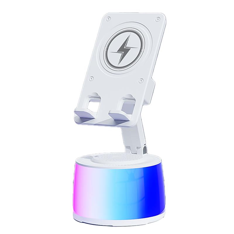 Wireless Induction Audio Bluetooth Speaker 5In1 Cellphone Holder USB Emergency Rechargeable (5000Mah) 360° Rotable Foldable Lift-Non-Slip Base, Portable Power Mobile Tablet Stand with Colorful Ambient Light Gifts for Friend, Family