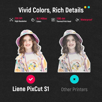Liene Pixcut S1 Photo Sticker Printer & Cutting Machine - All-In-One Sticker Maker Machine for DIY Crafts, Custom Labels & Gifts, Thermal Dye-Sublimation, 300 DPI Prints, Precise AI Auto-Cutting, Bluetooth Wireless Printing
