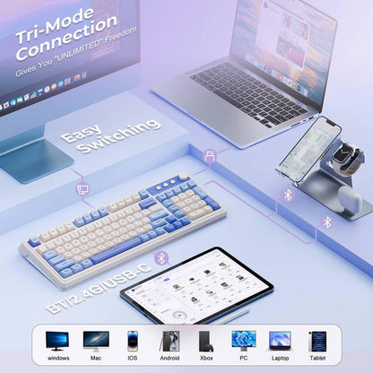 AULA S99 Key Keyboard, Tri-Mode Bluetooth/2.4Ghz/Usb-C Cute Creamy Gaming Keyboard with Number Pad RGB Backlit, Media Knob Custom Mechanical Feel Computer Keyboard for MAC Xbox PC Gamer - Purple