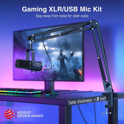 FIFINE AM8T XLR USB Gaming Microphone Set, Dynamic PC Mic for Streaming Podcasting, Computer RGB Mic Kit with Boom Arm Stand, Mute Button, Headphones Jack, for Recording Vocal Voice-Over