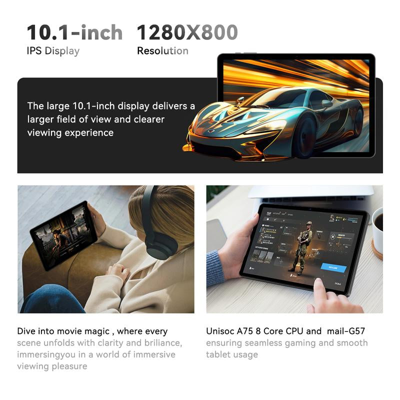 Android 15 10.1-Inch Tablet.128 GB ROM and 12GB RAM (1TB Expand).Unisoc A75 8 Core Cpu.1280X800 IPS .BT 5.0, Wifi . Face Unlocked.Widevine L1.Tablet with Keyboard.Stand.Case, Mouse, Stylus.Otg and Protector,April Restock Campaign,For Mother'S Day