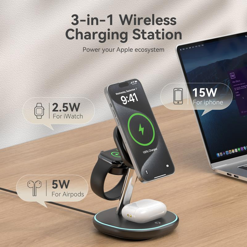 Energycell Qi2 3 in 1 Wireless Charging Station, Certified 15W Fast Wireless Charger for Iphone 16/15/15 Pro/14/13/12, Apple Watch, Airpods, Magnetic Charger for Iphone with Sleep Friendly Light