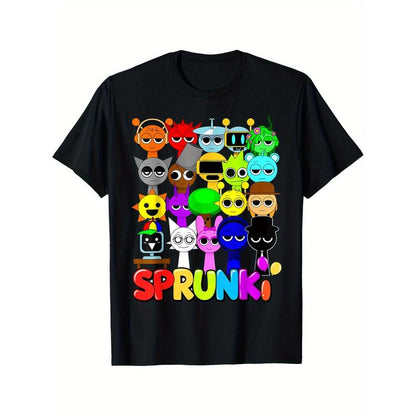 Sprunki Youngsters' Colorful Cartoon Character Cotton T-Shirt - Breathable, Quick-Drying, Short Sleeve Crew Neck,Kids' T-Shirt,Children'S Day Gift