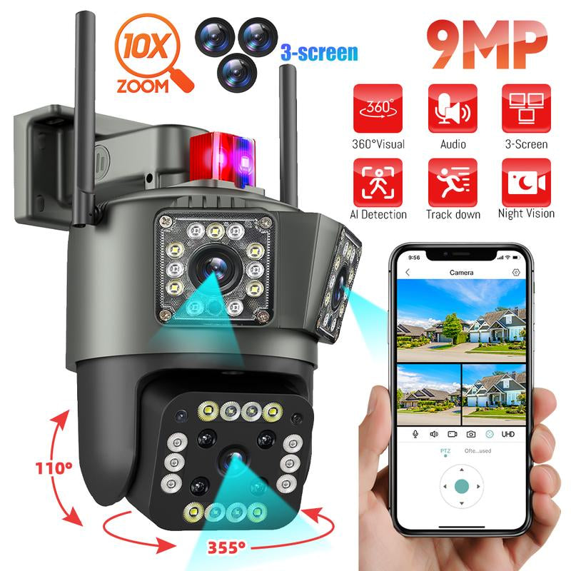 Outdoor Security Camera, 3-Lens Waterproof Camera, 6K 9MP, 10X Zoom, 360 PTZ Outdoor Wifi Camera,Fathersdaygift
