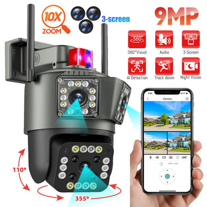 Outdoor Security Camera, 3-Lens Waterproof Camera, 6K 9MP, 10X Zoom, 360 PTZ Outdoor Wifi Camera,Fathersdaygift