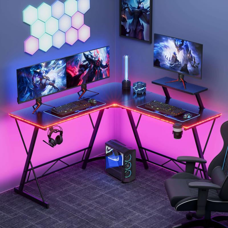 Mr IRONSTONE L Shaped Gaming Desk with Led Lights Corner Computer Desk,L Shaped Desk with Carbon Fiber Surface, Home Office Desks Writing Workstation with Large Monitor Stand, Easy to Assemble