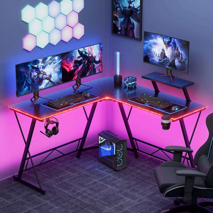Mr IRONSTONE L Shaped Gaming Desk with Led Lights Corner Computer Desk,L Shaped Desk with Carbon Fiber Surface, Home Office Desks Writing Workstation with Large Monitor Stand, Easy to Assemble