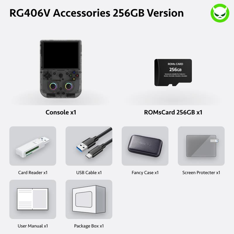 Anbernic RG406V Handheld Game Console【Buy 1 Get 1 Card Reader+1 Fancy Case+1 Screen Protector+1 Type-C Cable】Android 13 4-Inch IPS Touch Screen 960*720 Unisoc T820 Processor Bluetooth 3D Hall Joystick Ready to Play Gift Package