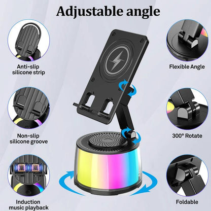 Wireless Induction Audio Bluetooth Speaker 5In1 Cellphone Holder USB Emergency Rechargeable (5000Mah) 360° Rotable Foldable Lift-Non-Slip Base, Portable Power Mobile Tablet Stand with Colorful Ambient Light Gifts for Friend, Family