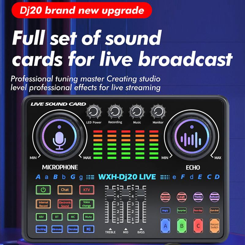 Portable Dj20 Live Sound Card + K20 48V Condenser Microphone Kit Kit Studio Mixer Live Broadcast 16 Sound Effects Recording Mixer