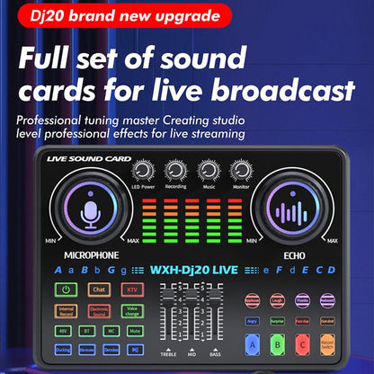 Portable Dj20 Live Sound Card + K20 48V Condenser Microphone Kit Kit Studio Mixer Live Broadcast 16 Sound Effects Recording Mixer