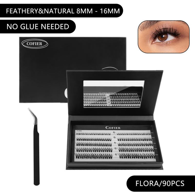 【Hot Style】Cofier No Glue Lash Kit Medical Jelly Adhesive Self Adhesive Individual Eyelashes, Easy Makeup Application with Tweezers (80/100/160 Pcs)