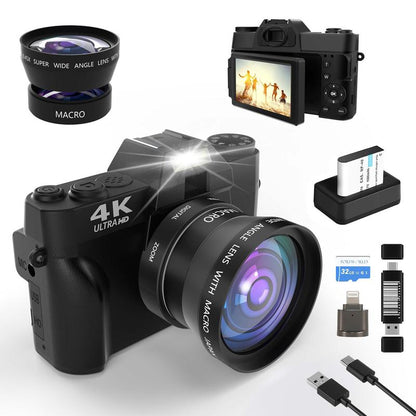 4K 56MP Vlogging Camera with 180° Flip Screen, Compact Camera with 16X Digital Zoom, 32GB TF Card, 1 Battery (Black)