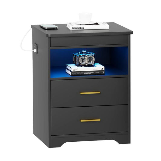 Miu Nightstand Gun Drawer with USB & Type-C Port, LED Light, Modern Design for Office & Bedroom Storage, Includes Charging Station Bedside Table