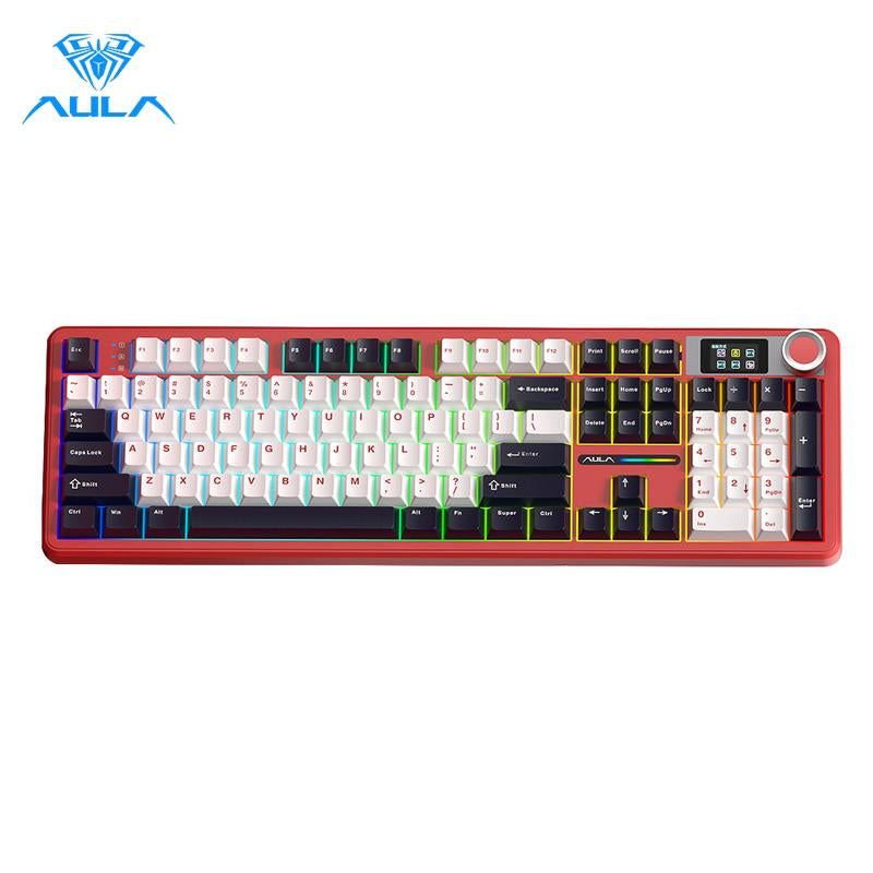 [New]Aula F108 Pro & F108 Full Size Wireless Mechanical Gaming Keyboard with Knob Smart Screen Num Pad Tri-Mode RGB Backlit Hot Swappable Customize Keyboard E-Sports Office Computer PC Accessories(F108Pro Red) Outdoorfun