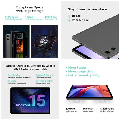 Android 15 10.1-Inch Tablet.128 GB ROM and 12GB RAM (1TB Expand).Unisoc A75 8 Core Cpu.1280X800 IPS .BT 5.0, Wifi . Face Unlocked.Widevine L1.Tablet with Keyboard.Stand.Case, Mouse, Stylus.Otg and Protector,April Restock Campaign,For Mother'S Day